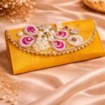 Elegant Handcrafted Mustard Yellow Money Gift Envelope with Pearl & Stone Work